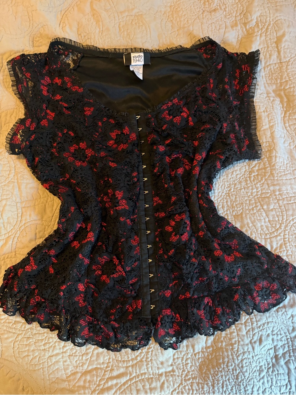 Studio 1940 Black Lace Top with Red Floral Embroidery- goth- vampire goth